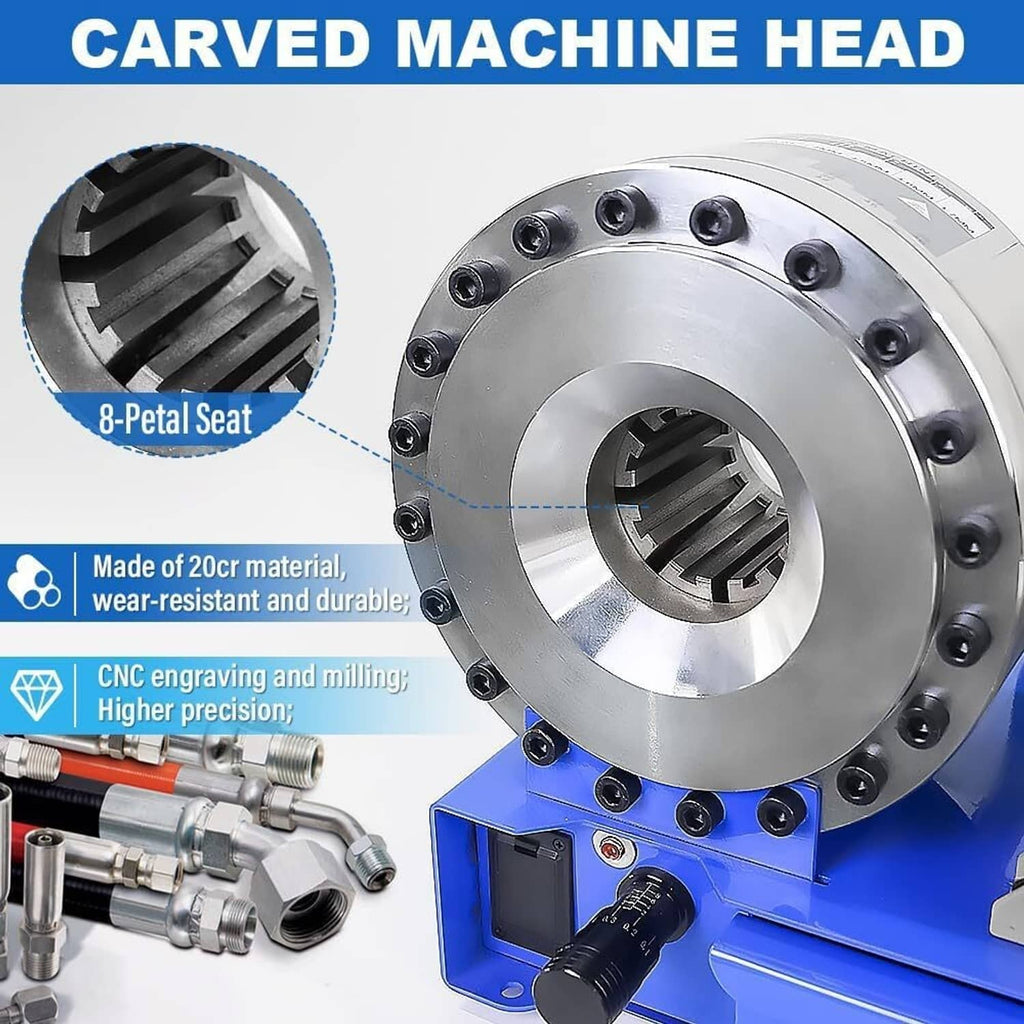 Hydraulic crimper head with 8-petal die seat insert and blue machine housing