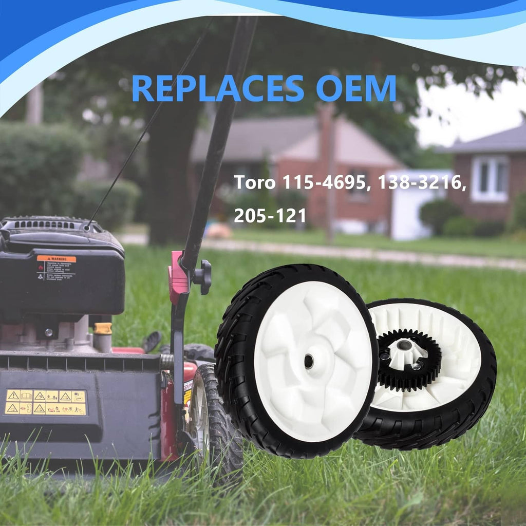Lawn mower rear wheels set with black rubber tires and white plastic hubs