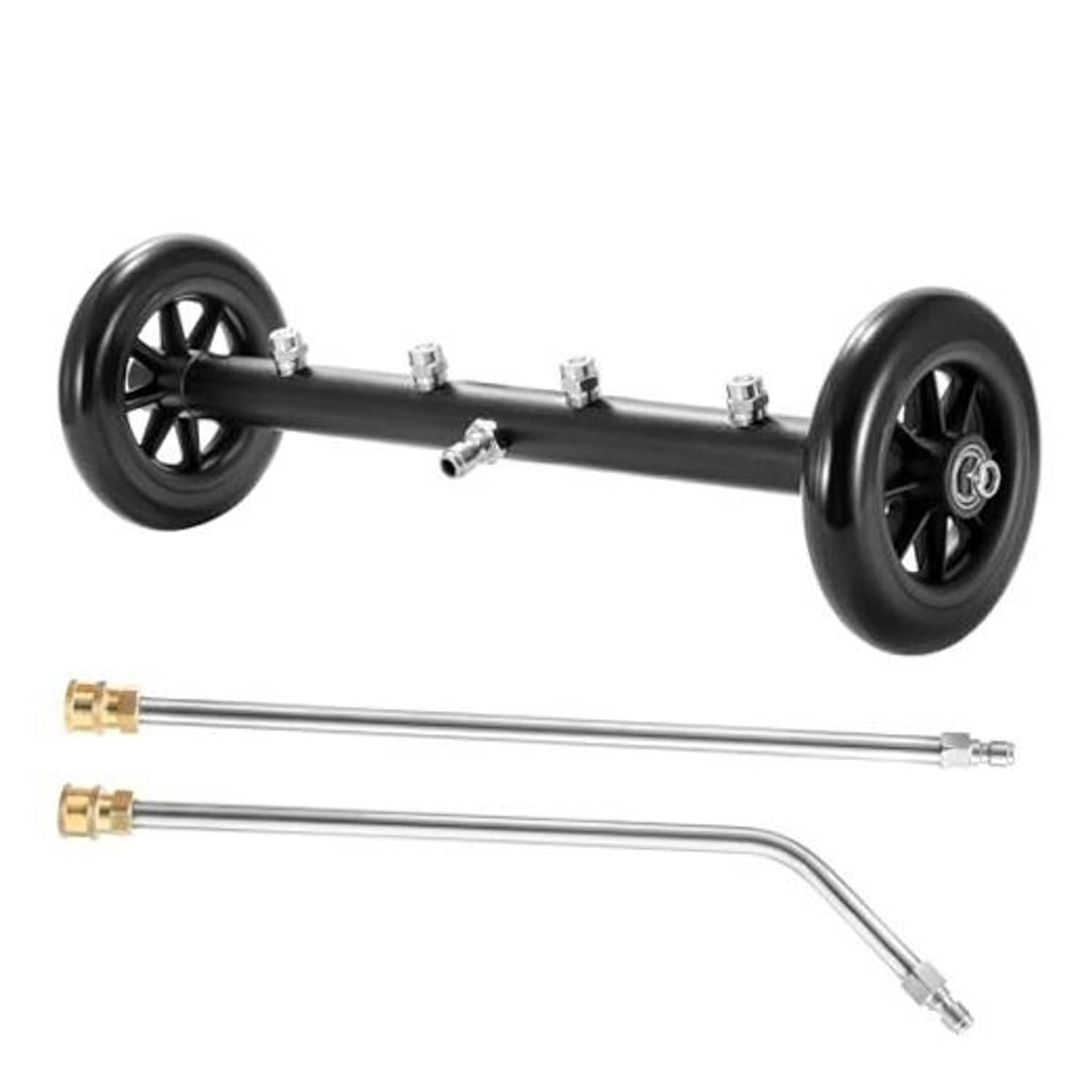 Undercarriage pressure washer cleaner bar with two black wheels and metal nozzles