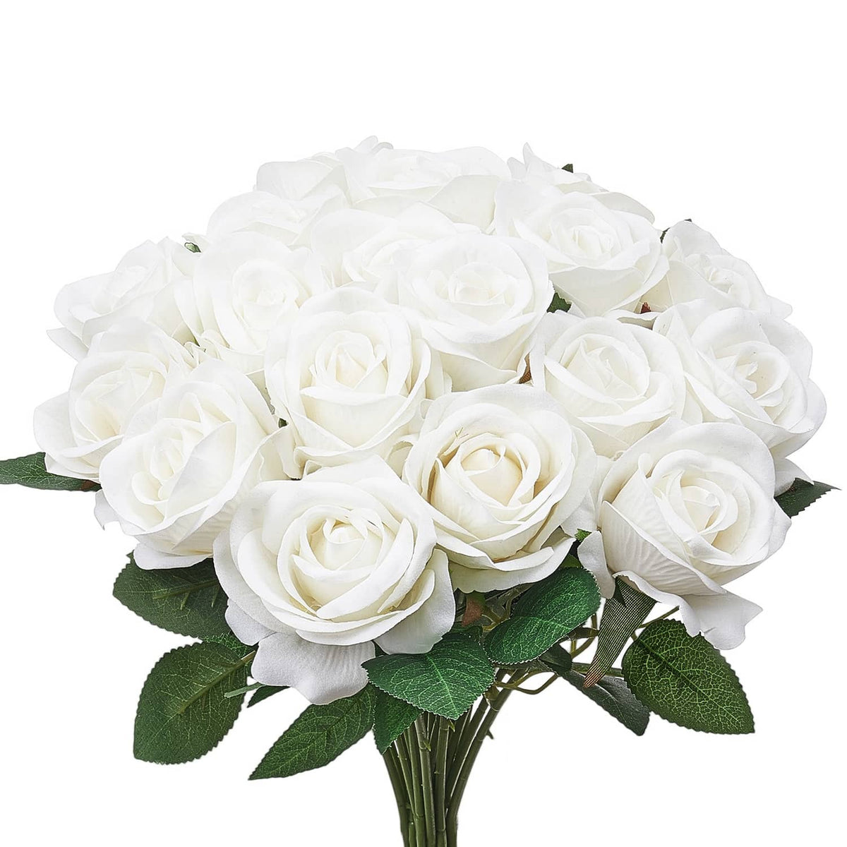Full white artificial rose bouquet with green leaves, dense clustered blooms