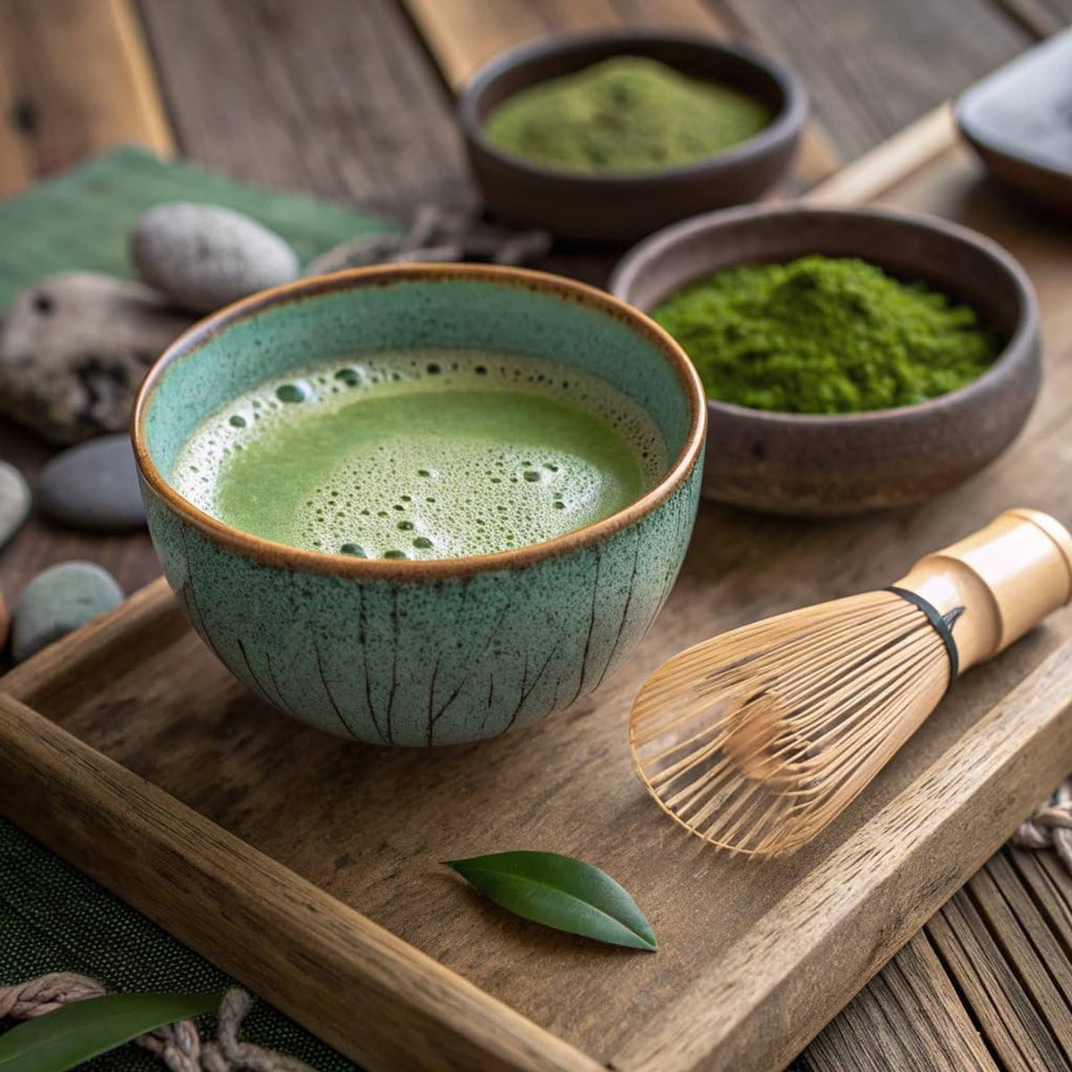 Ceremonial matcha tea in a ceramic bowl with bamboo whisk and bowls of green powder