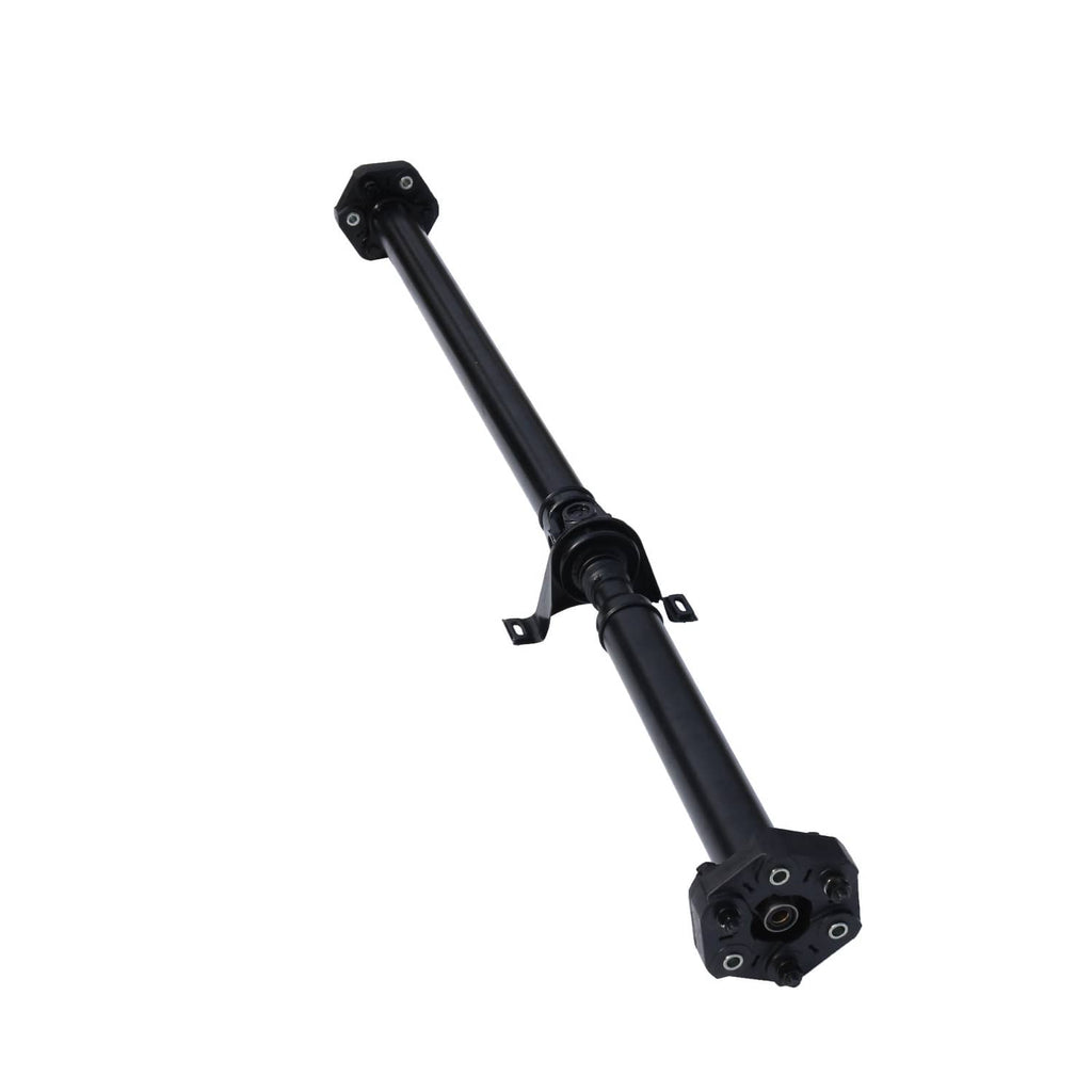 Black drive prop shaft assembly with end flange and center joint, angled close-up