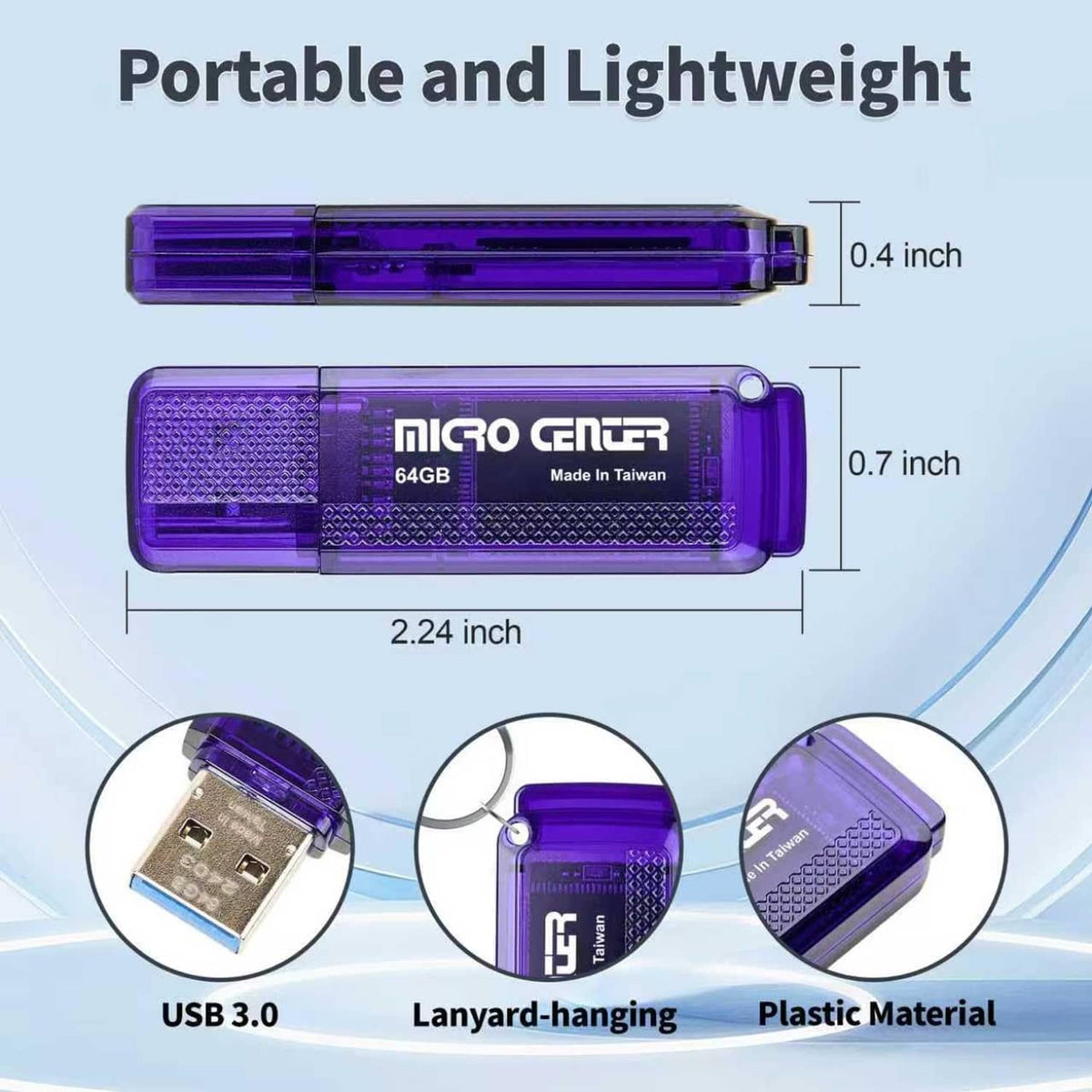 Compact blue USB 3.0 flash drive with size measurements
