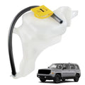 White radiator coolant overflow reservoir tank with yellow cap and black hose