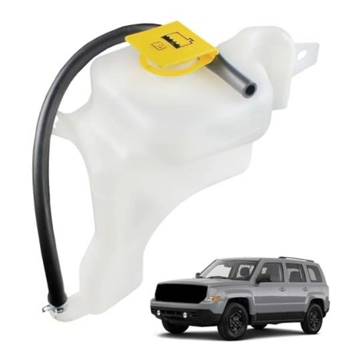 White radiator coolant overflow reservoir tank with yellow cap and black hose