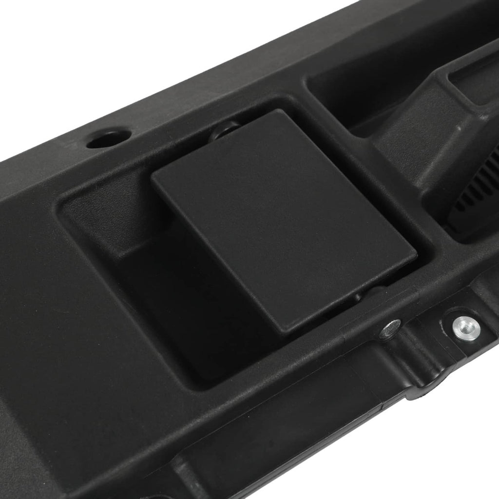Black interior door handle cover with recessed thumb pad and metal attachment points