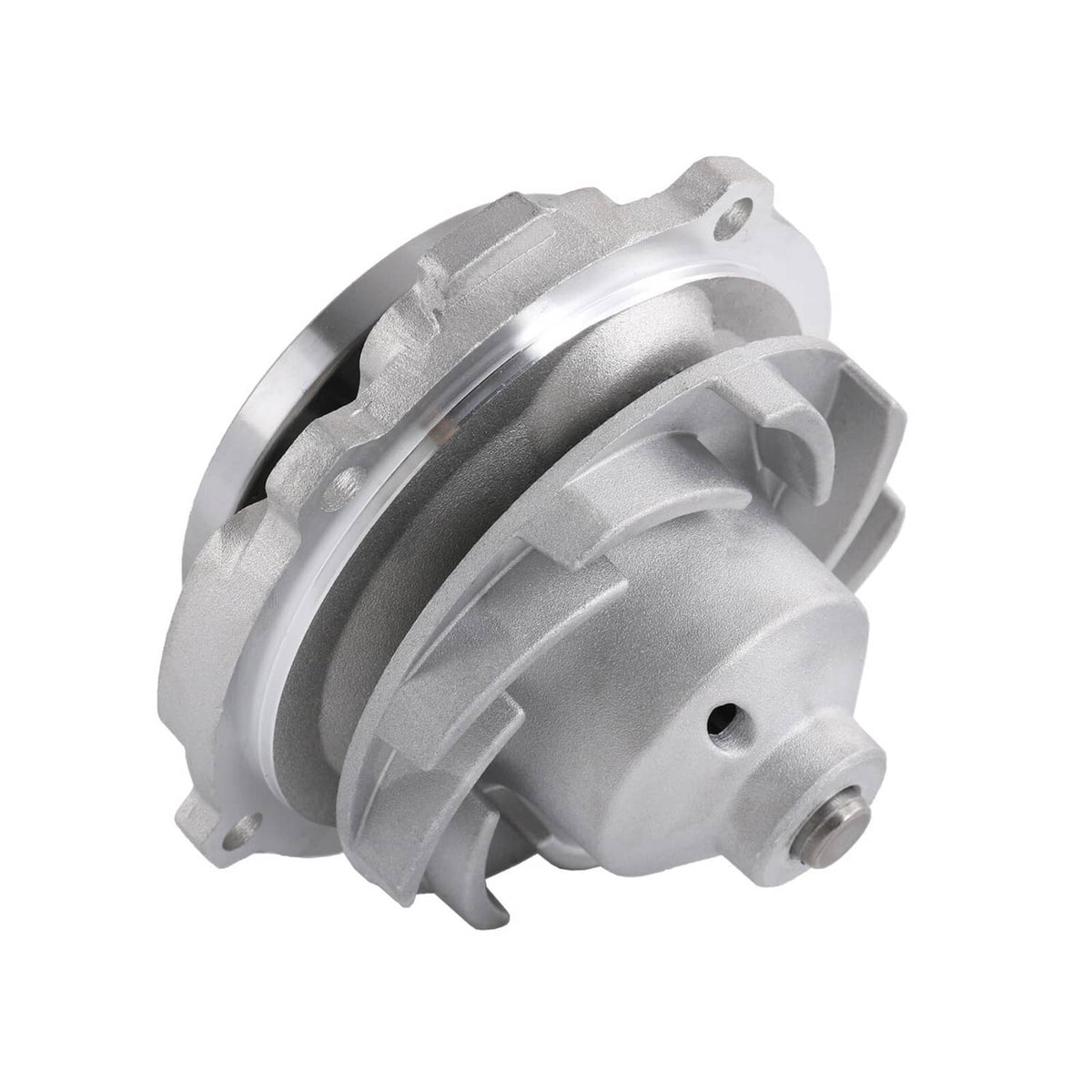 Angled close-up of water pump with rounded cast housing and circular pulley hub