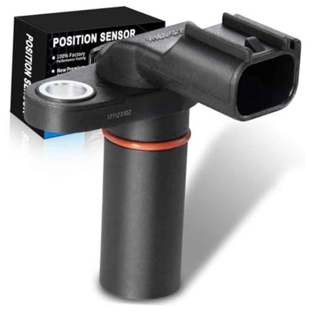 Camshaft position sensor with black connector and metal mounting ring, orange seal