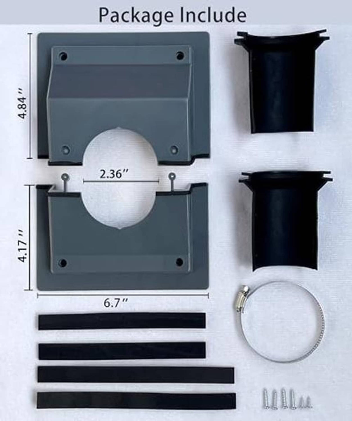 Wall cover kit parts: gray plate, black sleeves, mounting ring and screws