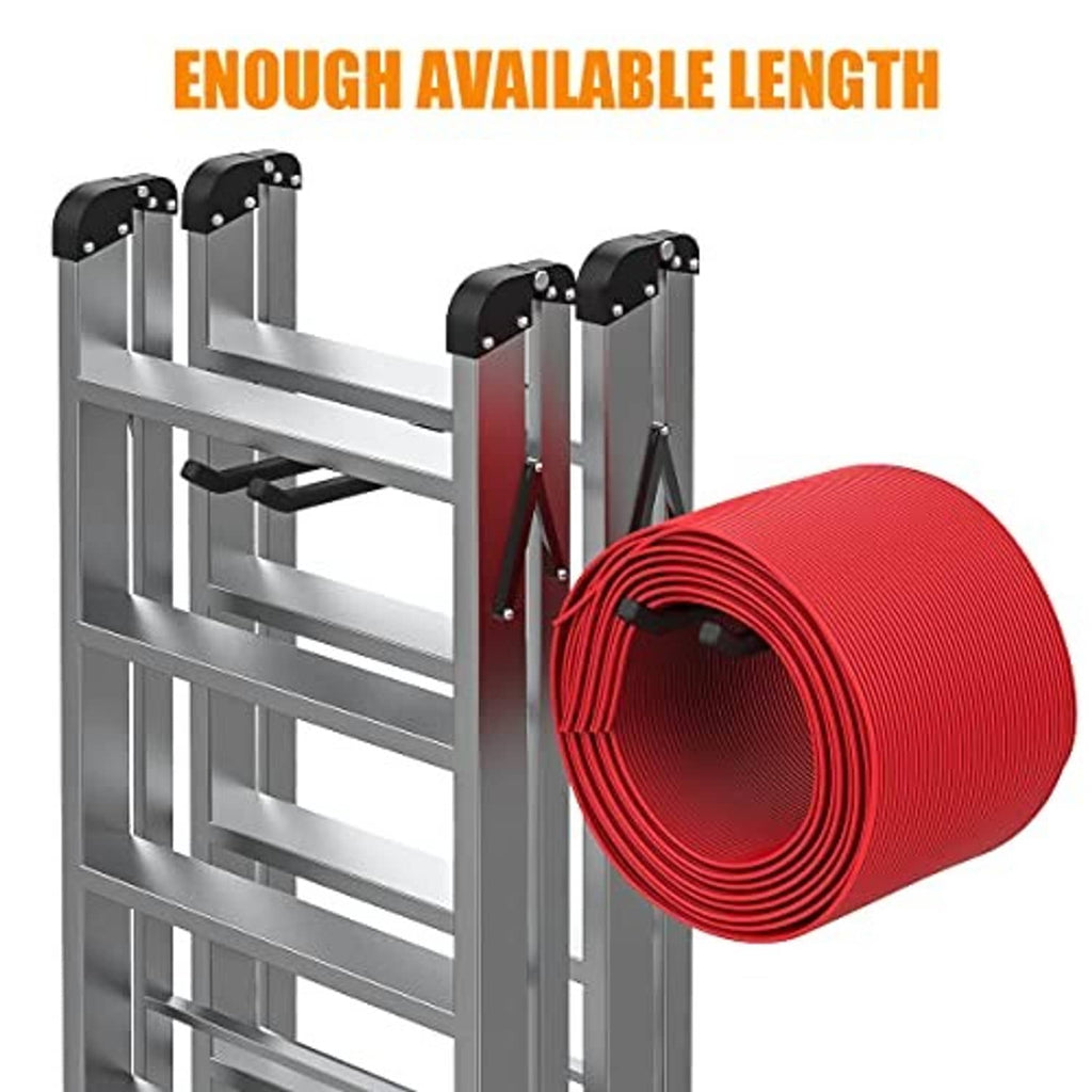 Silver wall-mounted tool hook rack with multiple black double hooks and red strap roll