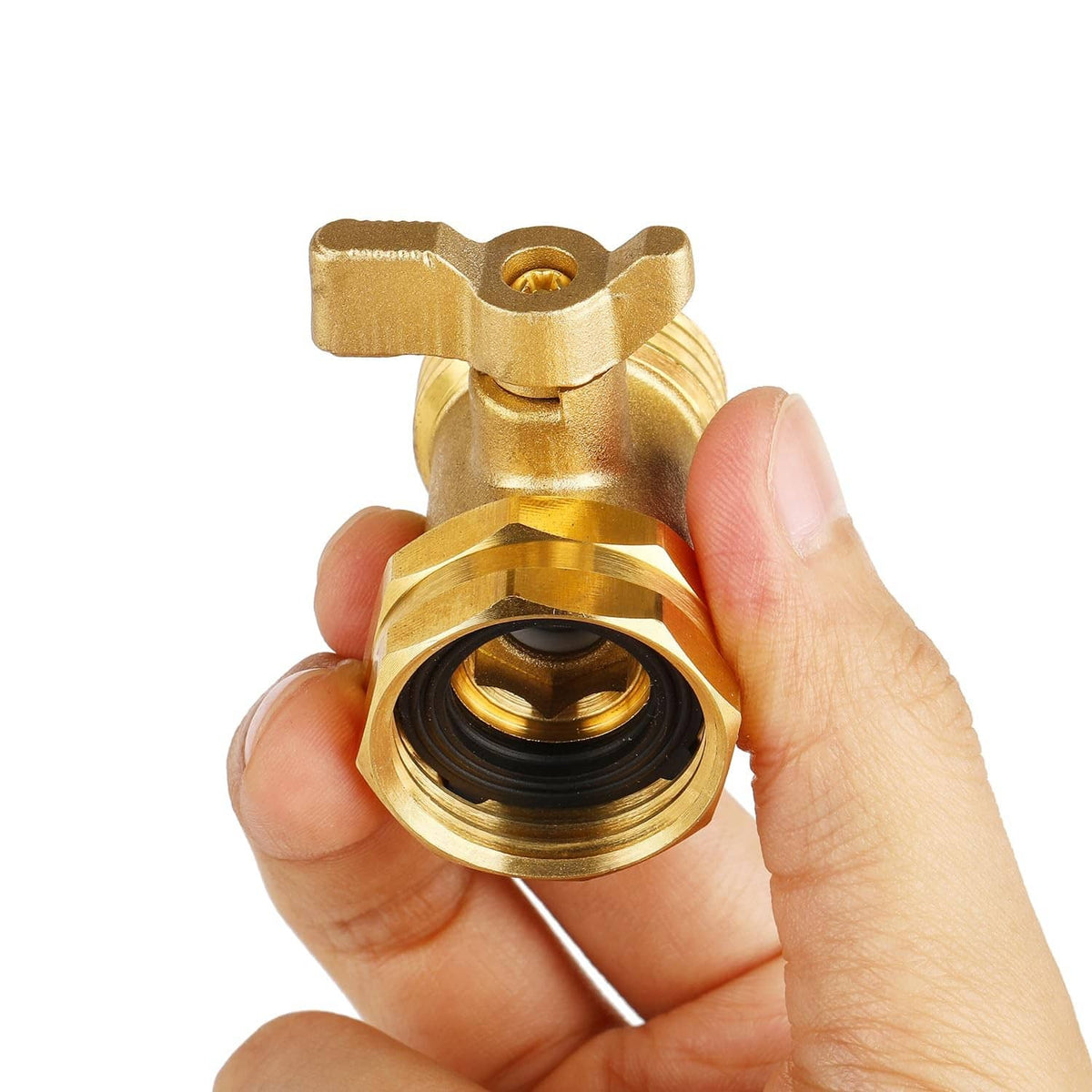 Brass garden hose shut off valve with extended lever handle and rubber seal at outlet