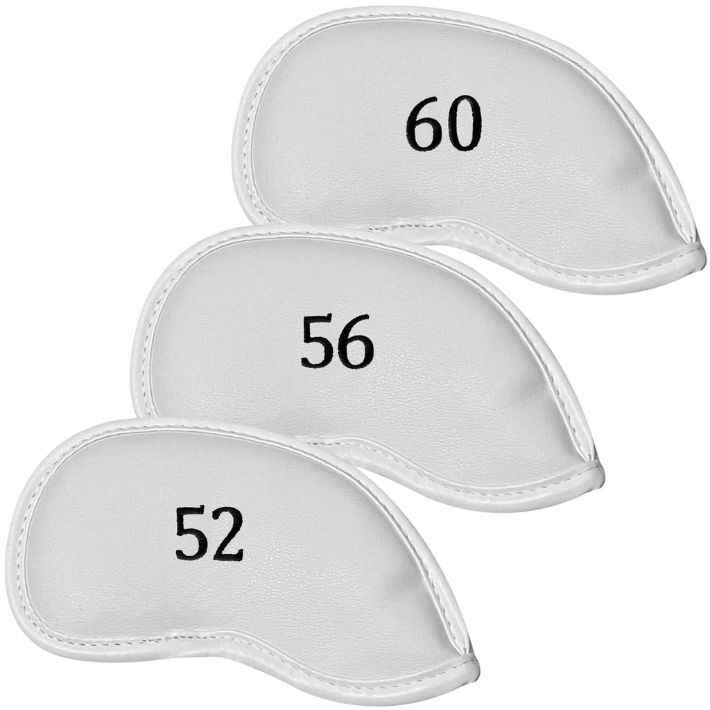 Set of three white leather golf club head covers labeled 52, 56, and 60.