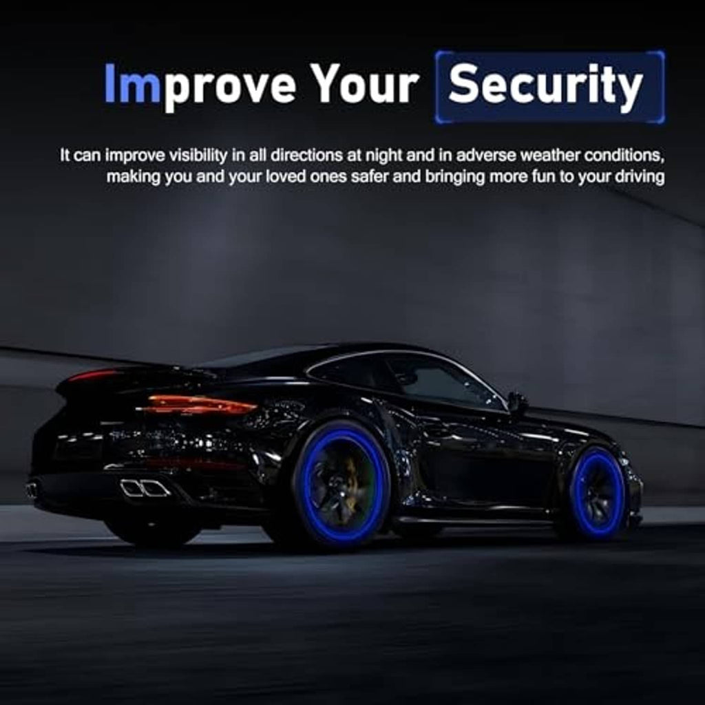 Car wheel with blue LED rim lights and chrome valve stem caps glowing