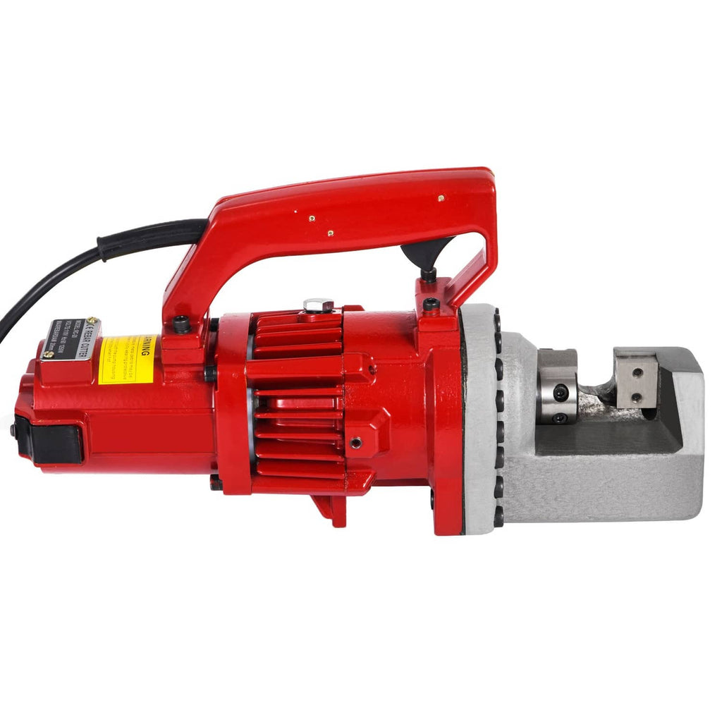 Red electric rebar cutter tool with front die and power cord connection