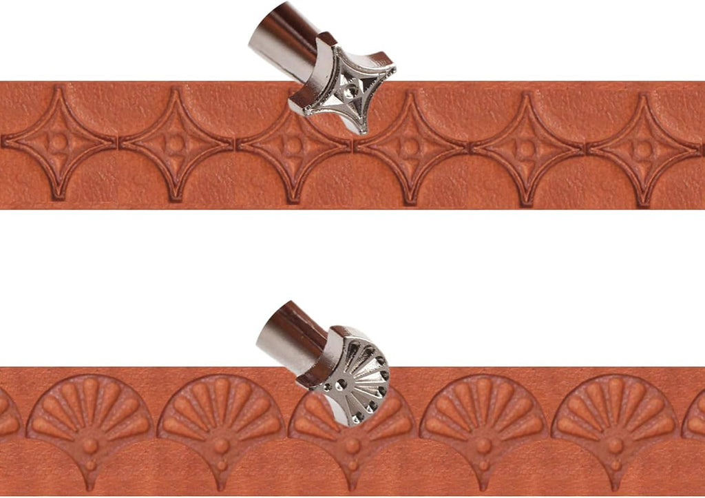 Leather stamp set tools impressing star pattern on brown leather strip