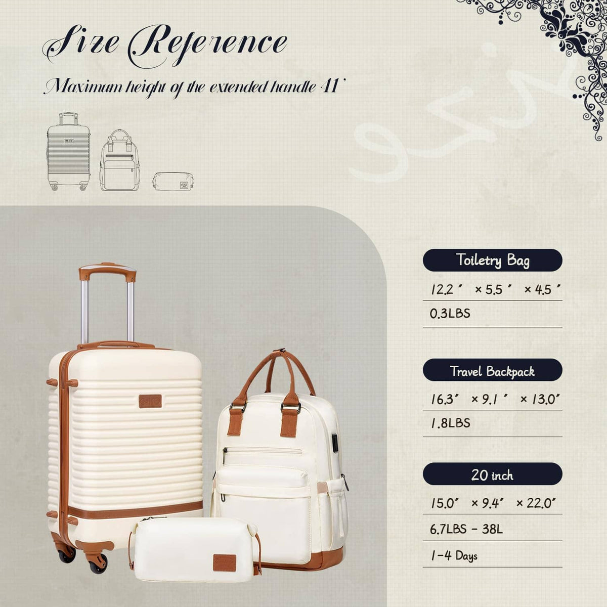 3-piece travel set shown with cream spinner suitcase, matching backpack, and small toiletry bag.