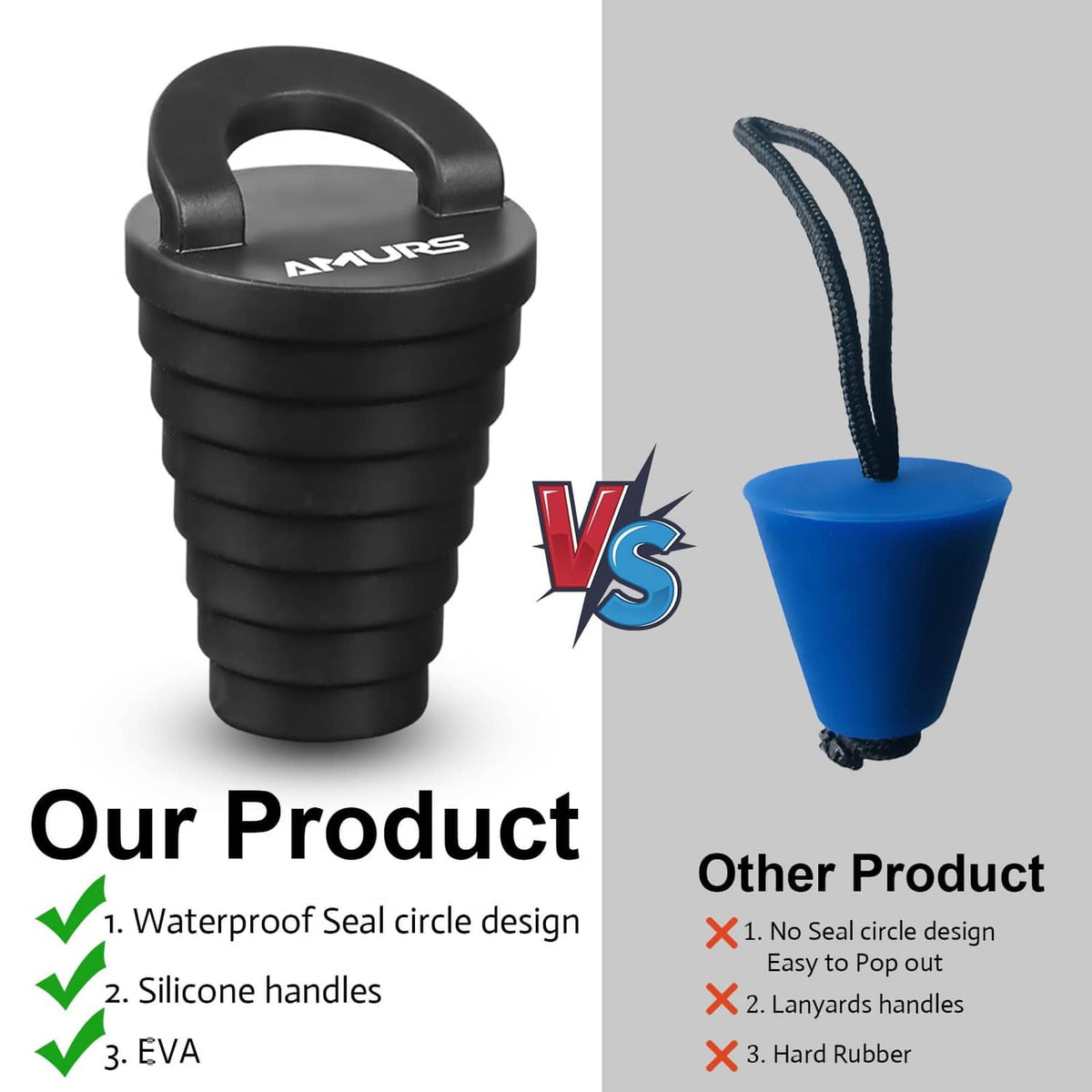 Black scupper plug with handle compared to a blue plug with lanyard