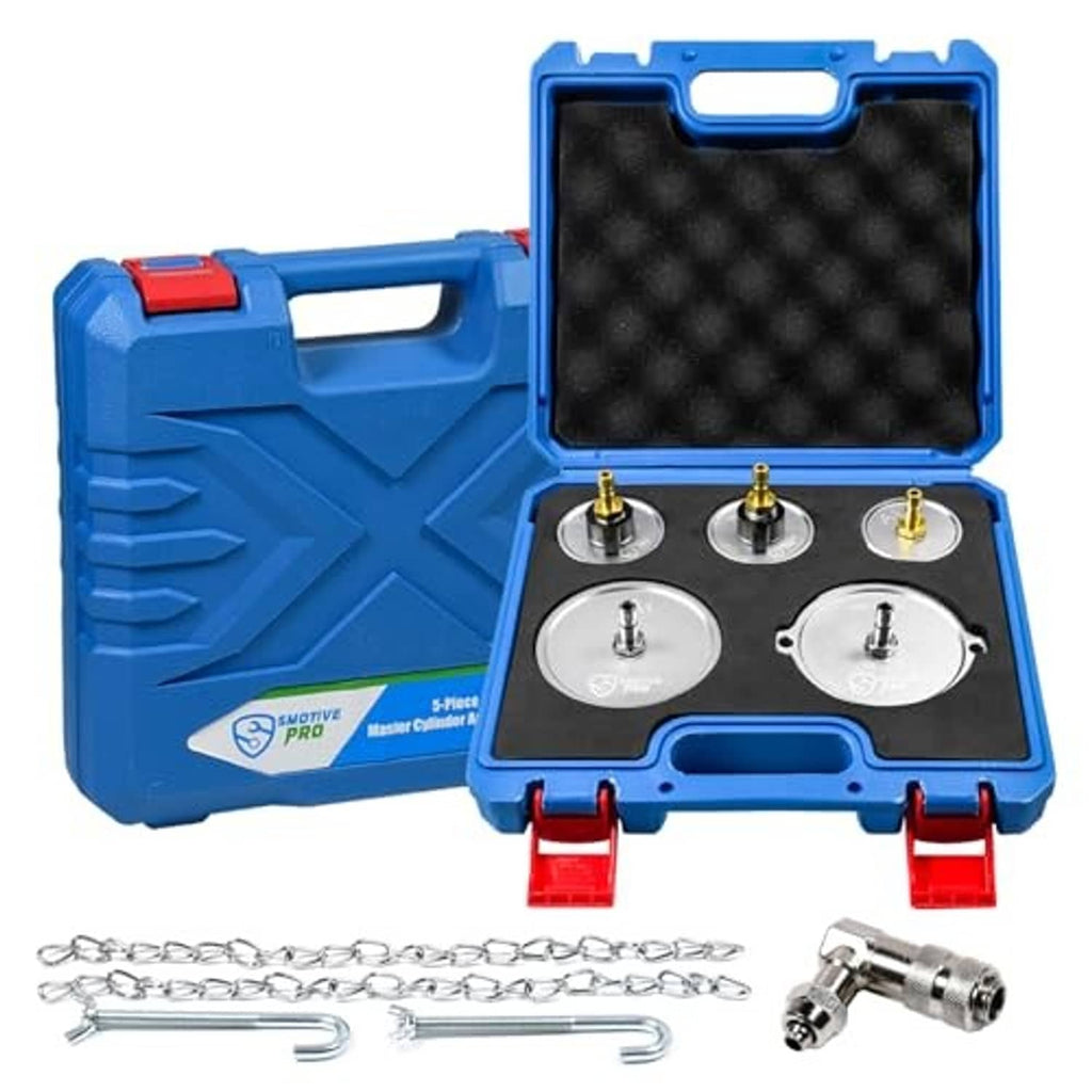 Blue hard case master cylinder adapter set with five round adapter plates and fittings