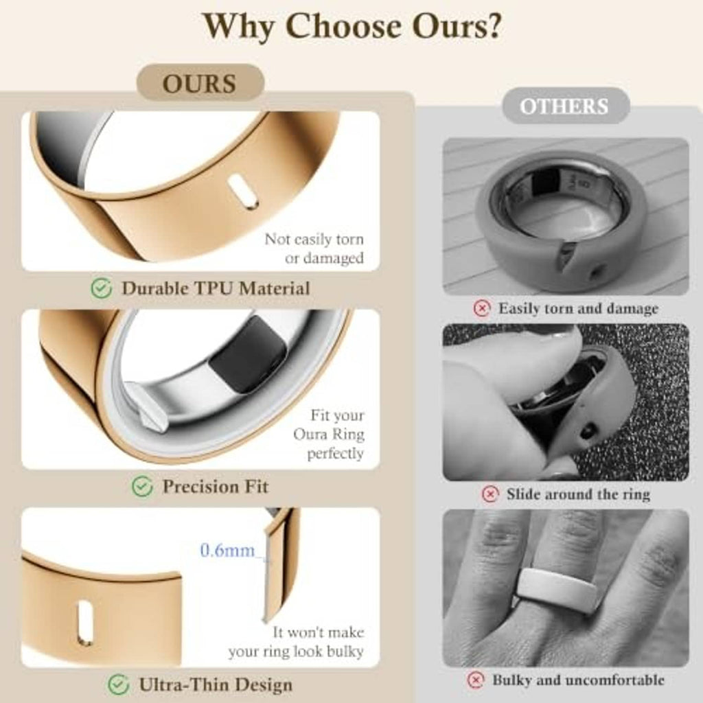 Gold and silver ring cover close-ups showing slim edge and circular fit opening