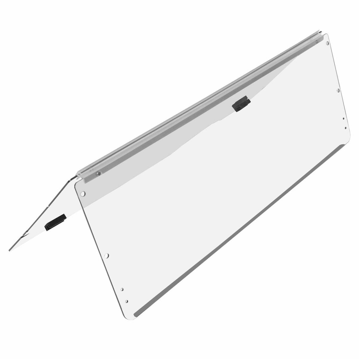 Clear foldable windshield panel with black latch tab and metal frame