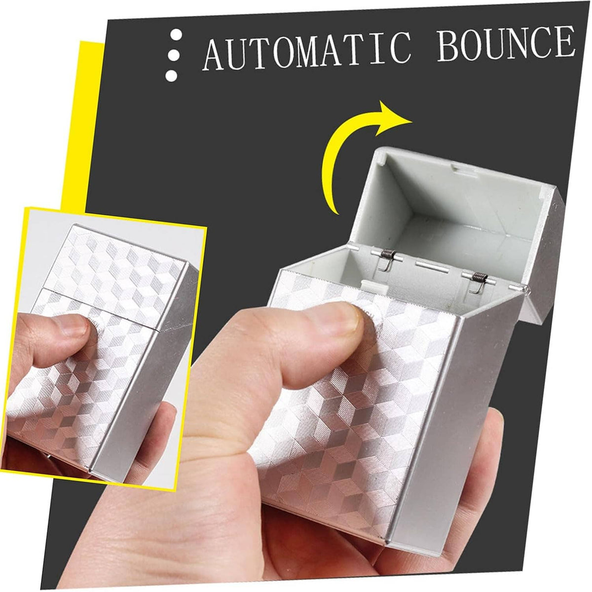 Push-to-open cigarette case showing automatic bounce lid, silver cube-texture design