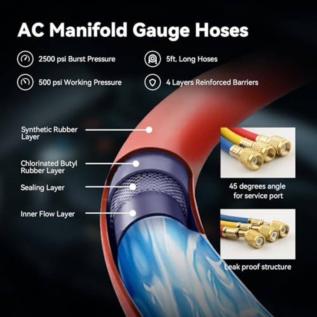 AC manifold gauge hoses with red and blue hose sections and brass connector fittings