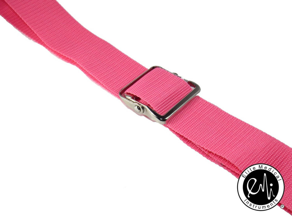 Pink polyester transfer belt with metal buckle, strap shown from side angle