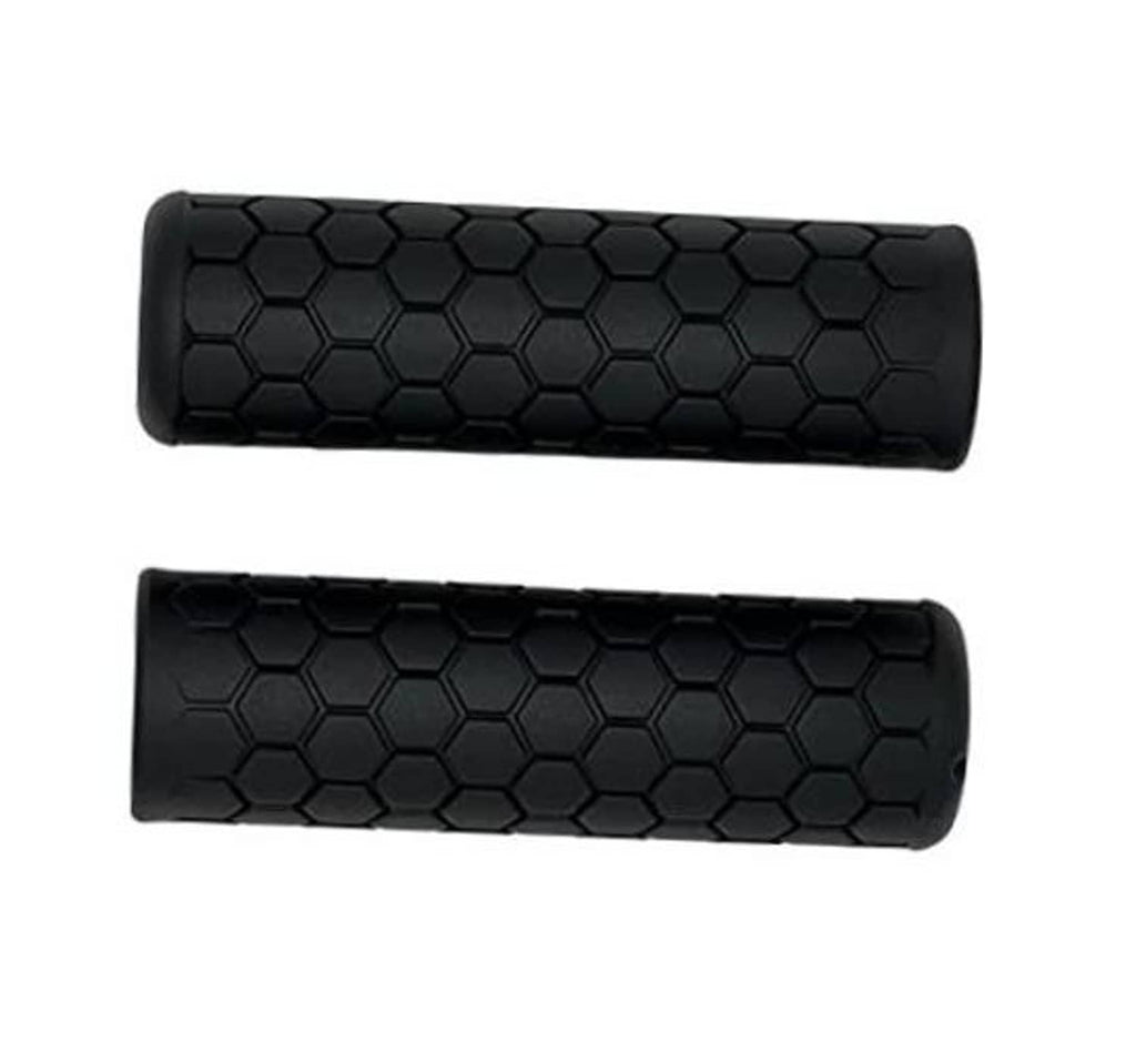 Black hexagon-pattern bike handlebar grips, textured non-slip rubber, pair view