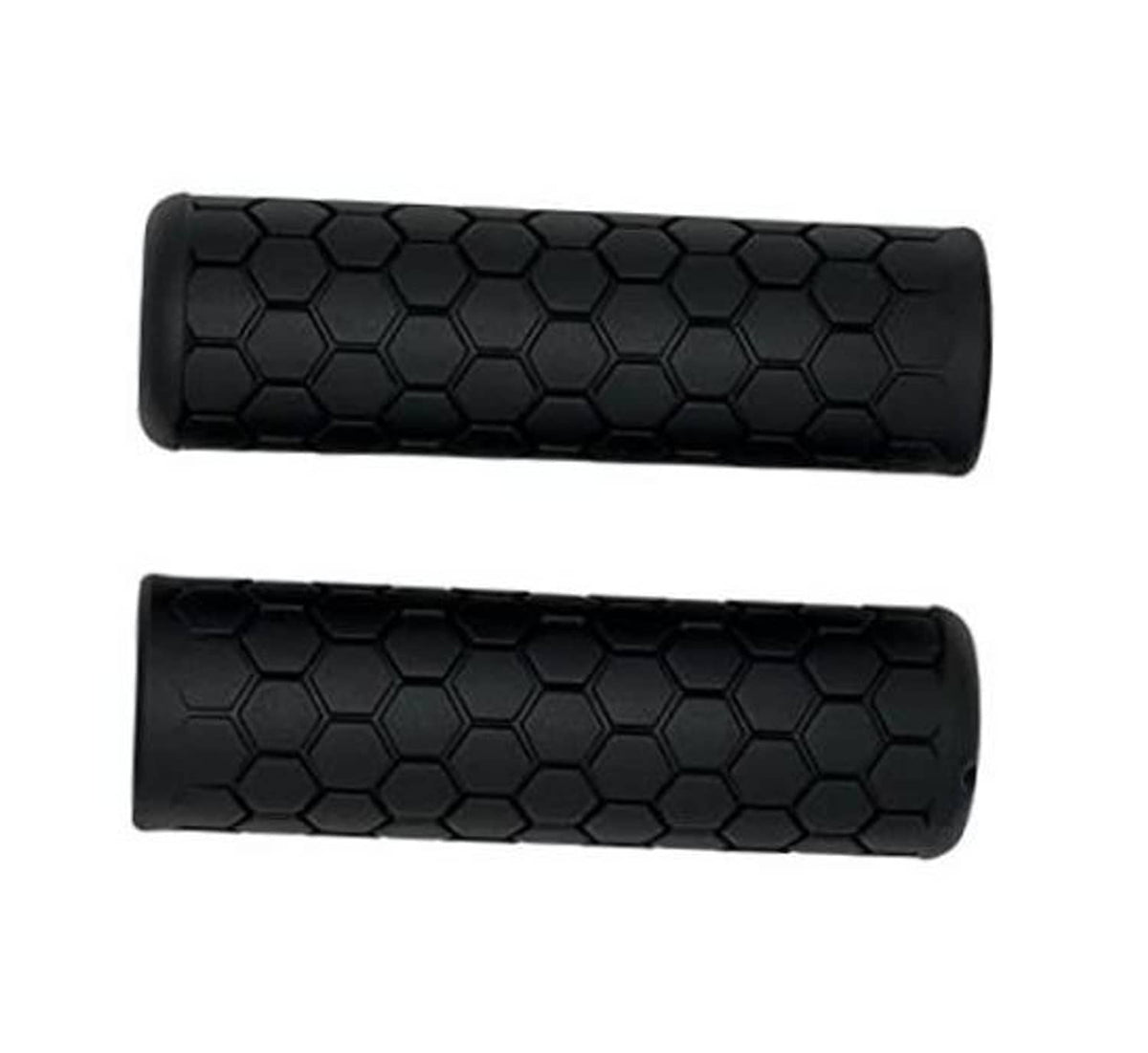 Black hexagon-pattern bike handlebar grips, textured non-slip rubber, pair view