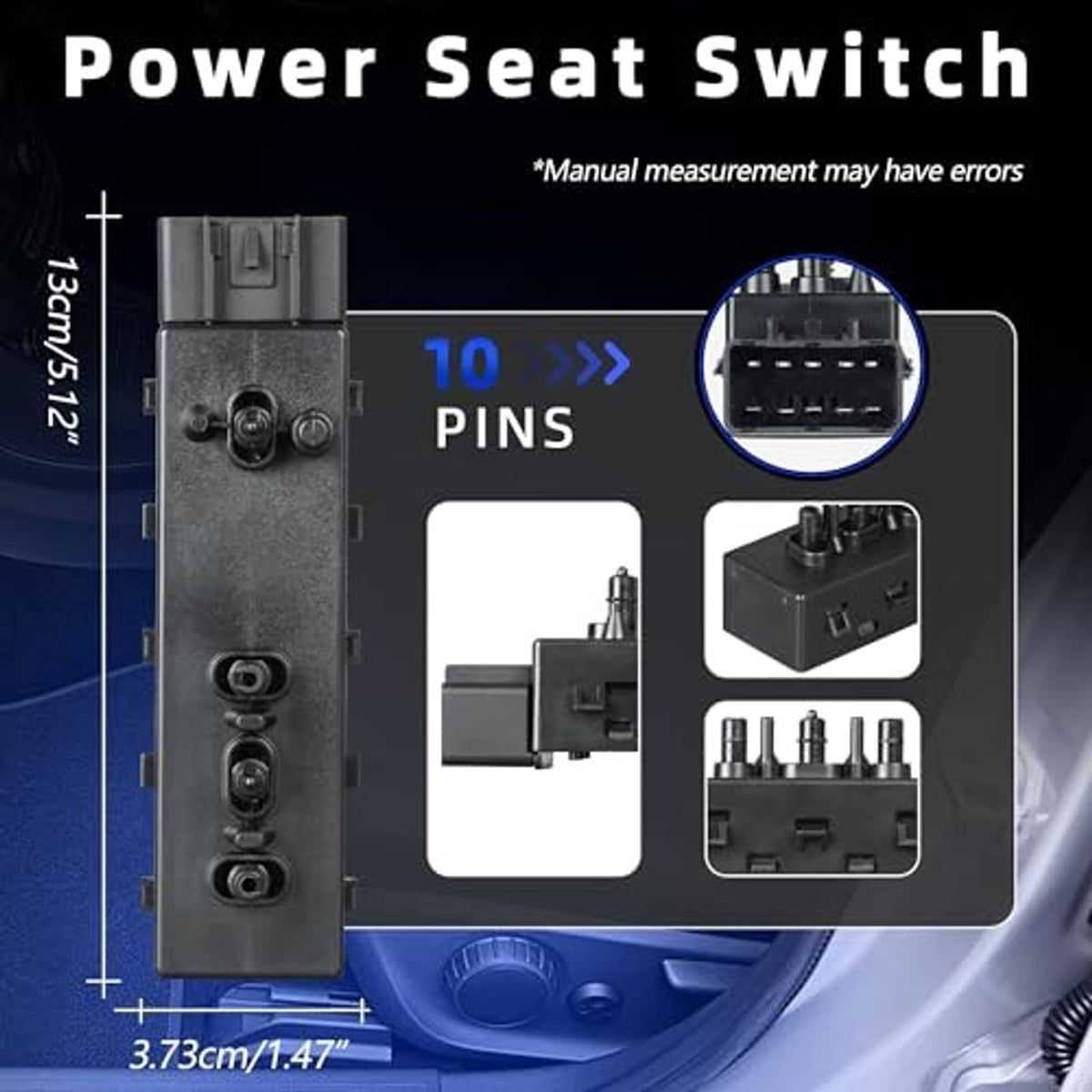 Power seat switch with black body showing 10-pin layout and multi-connector face