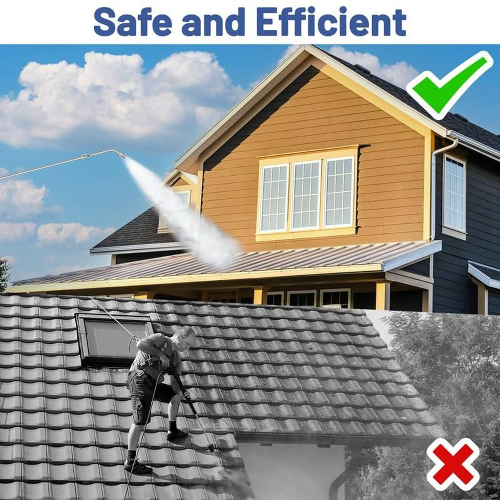 Stainless pressure washer extension wand spraying water for roof cleaning