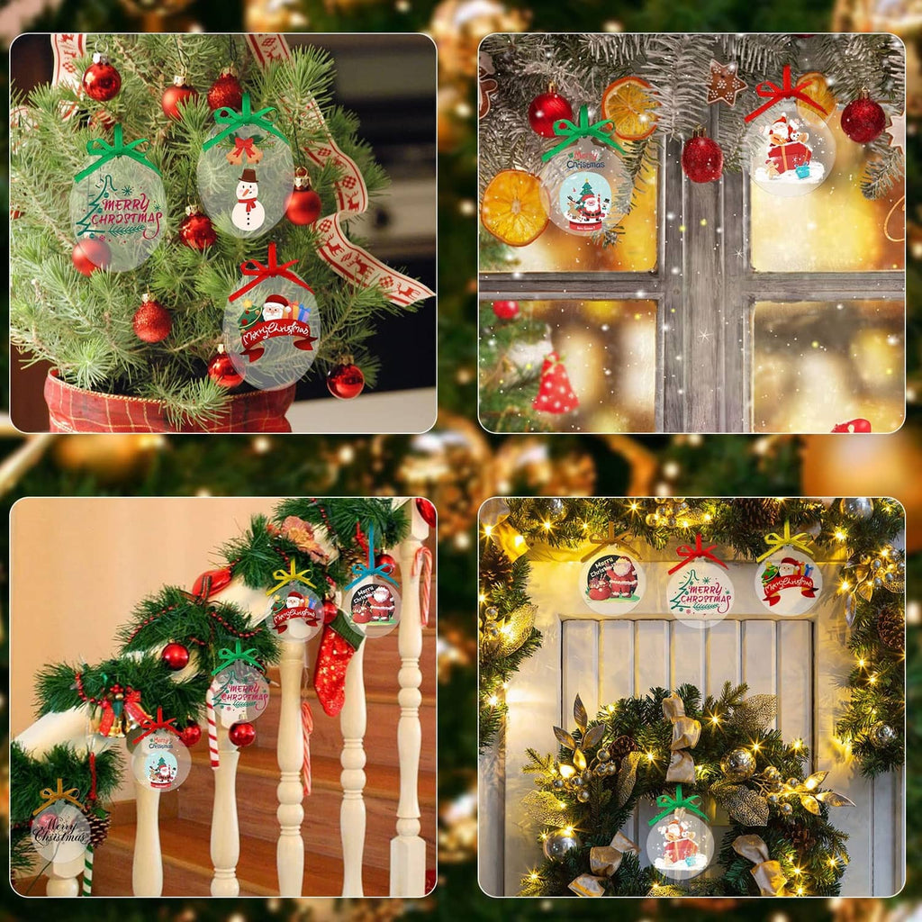 Assorted Christmas hanging ornaments with clear round faces and colorful bows