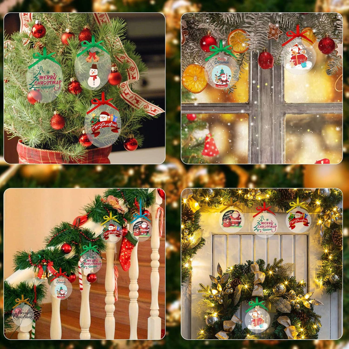 Assorted Christmas hanging ornaments with clear round faces and colorful bows