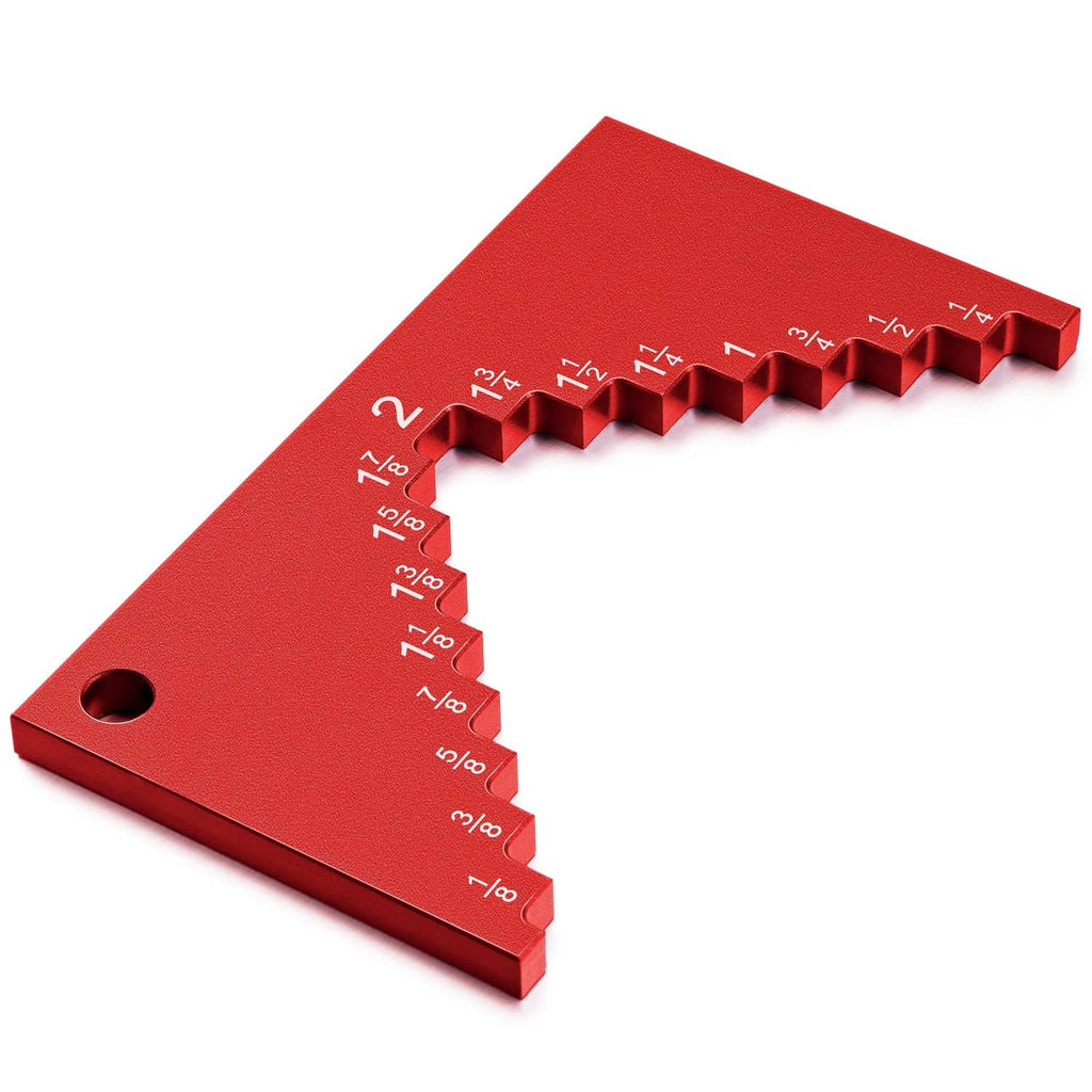 Red aluminum table saw height gauge with inch fraction scale and stepped edges