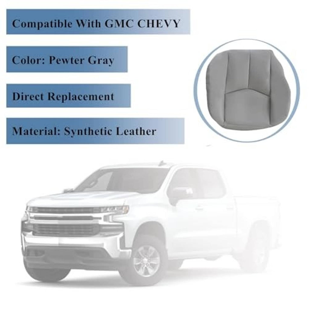 Pewter gray synthetic leather seat cover, direct replacement info graphic