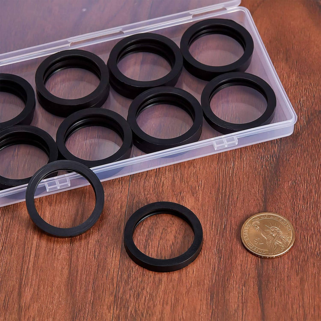 Rubber gas can spout gasket rings in a clear container and on wood surface