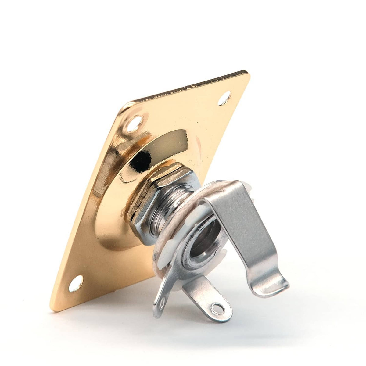 Back view of gold 1/4 jack input socket plate with metal tabs and threaded bushing