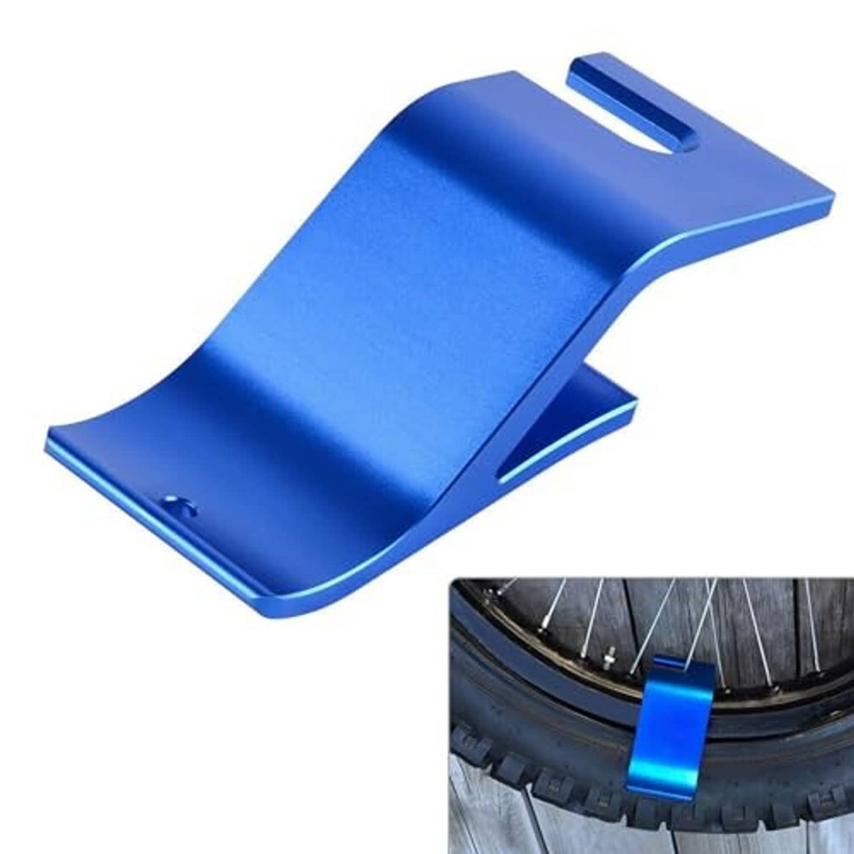 Blue wheel rim protector shield with curved opening for tire changing