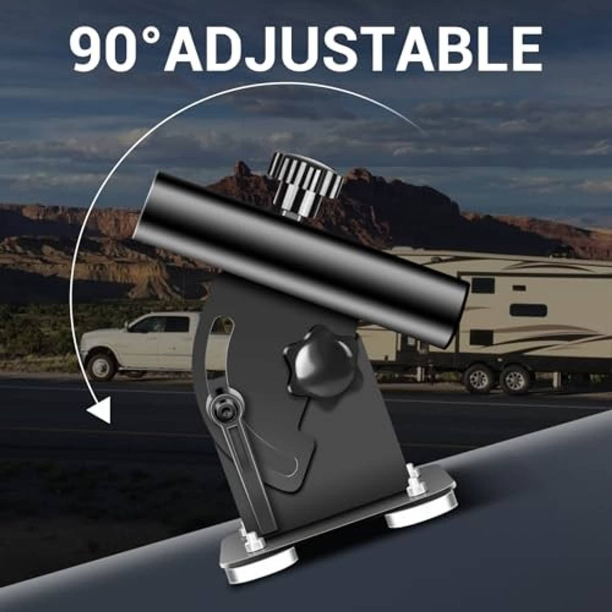 Adjustable magnetic flag pole holder with 90° rotation for RV hitch mounting