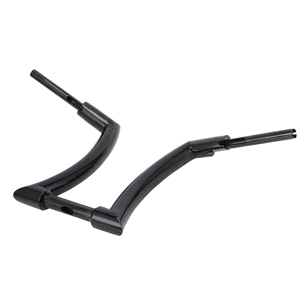 Black ape-hanger motorcycle handlebars with wide curved rise and crossbar mounts