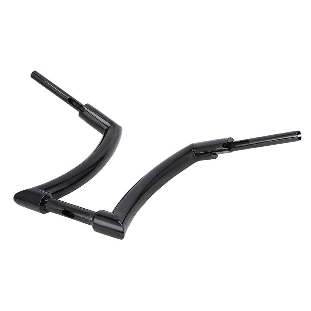 Black ape-hanger motorcycle handlebars with wide curved rise and crossbar mounts