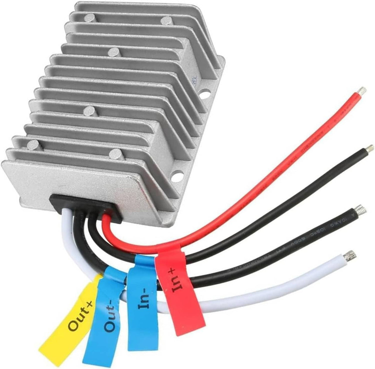 Waterproof DC-DC step-down converter with aluminum heat sink and color-coded wires