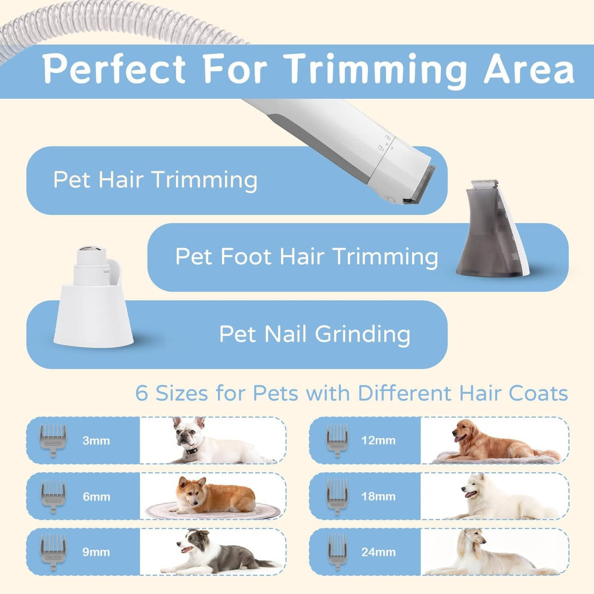 Pet trimming clipper guide heads in different sizes for coat, foot, and nail grooming