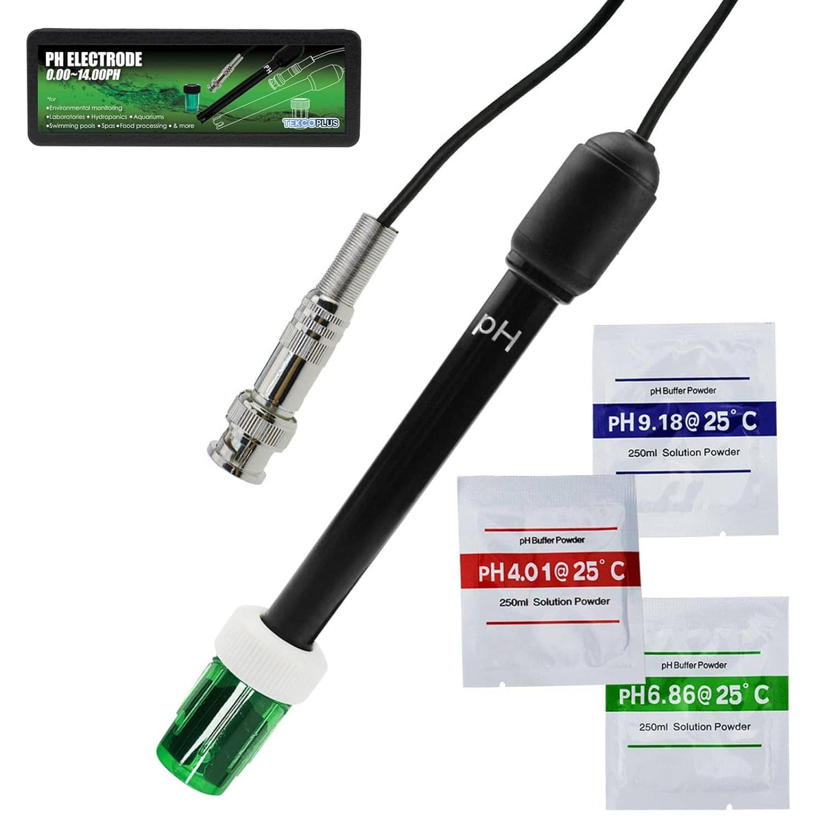 pH electrode probe with black handle, metal sensor tip, and long cable for pH testing