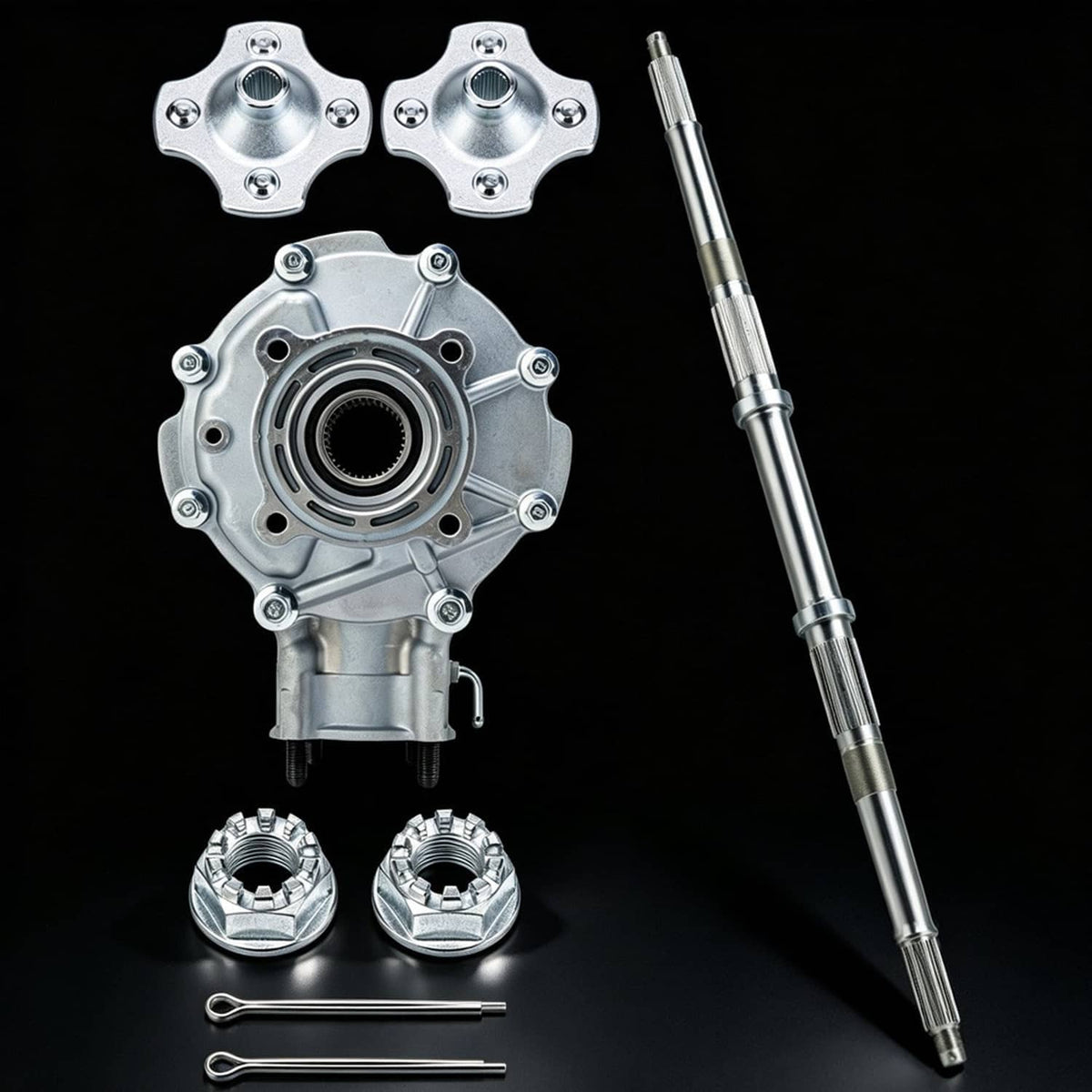 Rear differential axle shaft hub set with housing, caps, and axle hardware