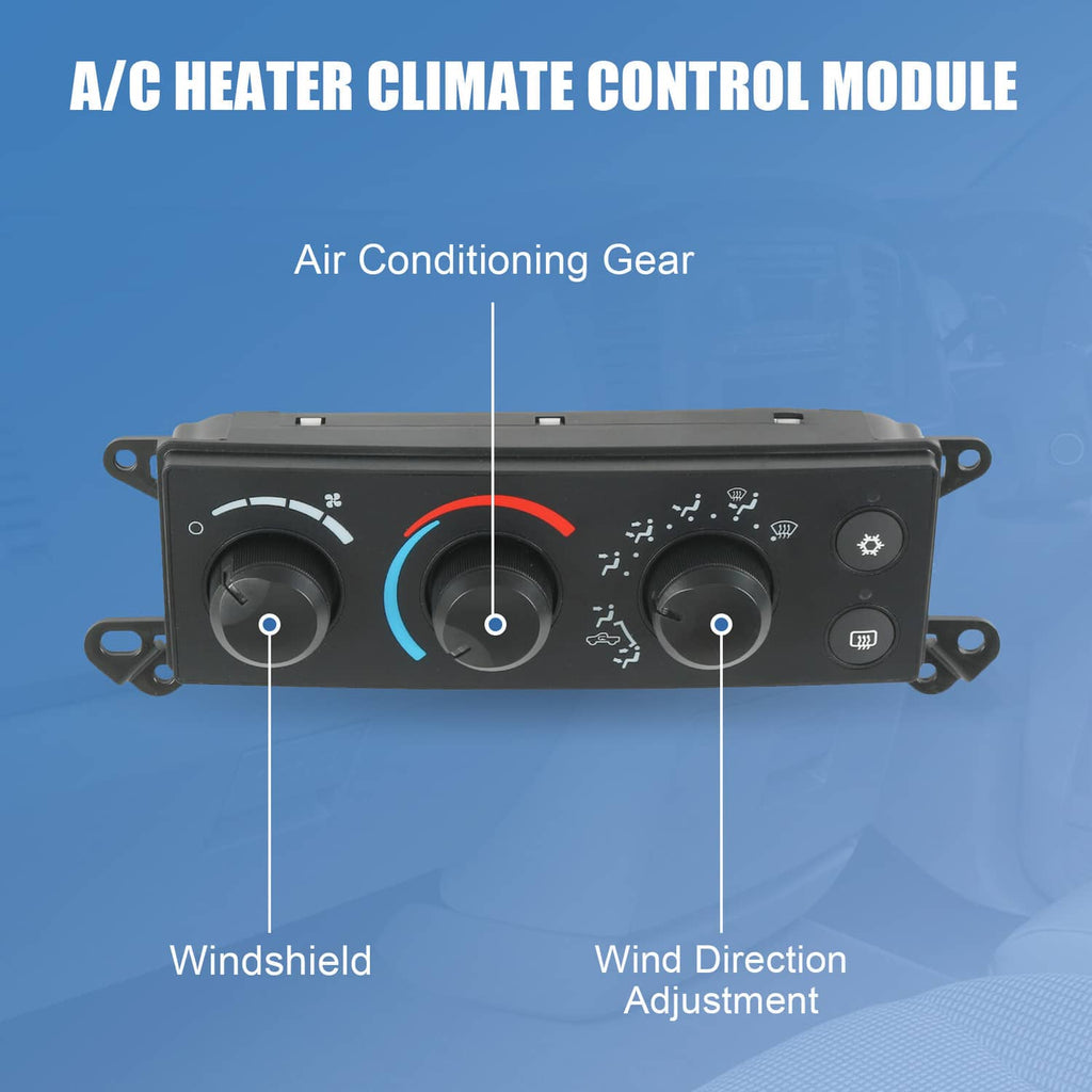 A/C heater climate control module front face with three dials and airflow icon markings.