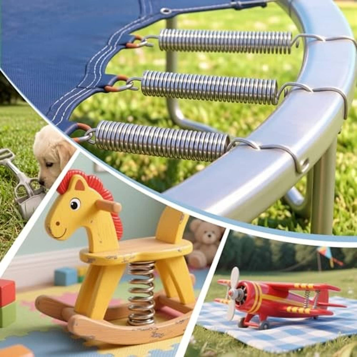 Stainless extension springs mounted on outdoor play equipment, loop end hooks