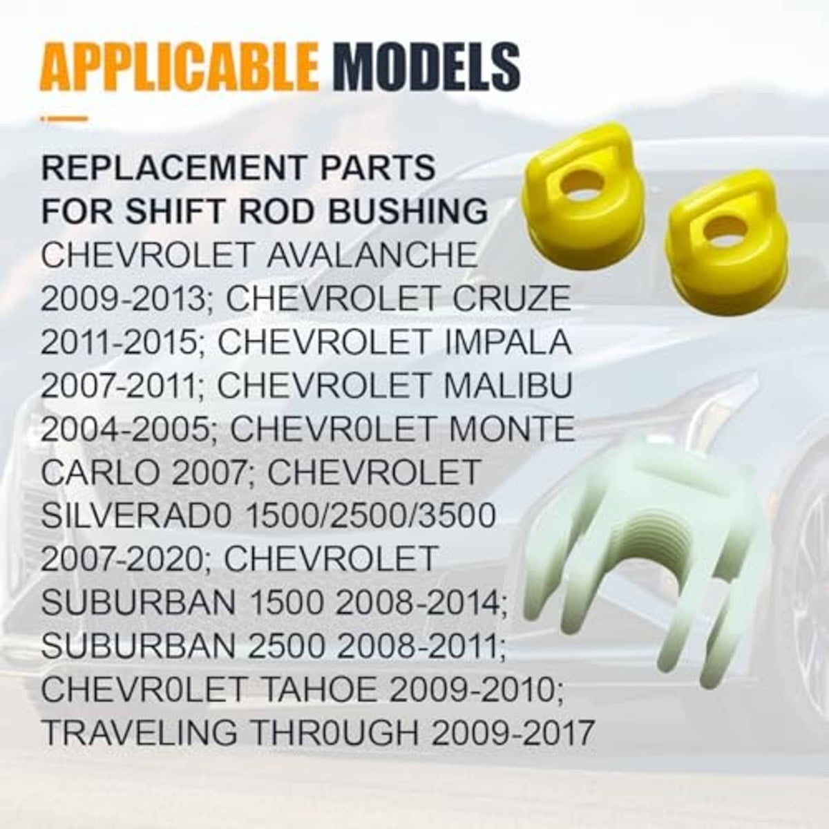 Replacement shift rod bushing kit: white fork bushing and two yellow bushing caps