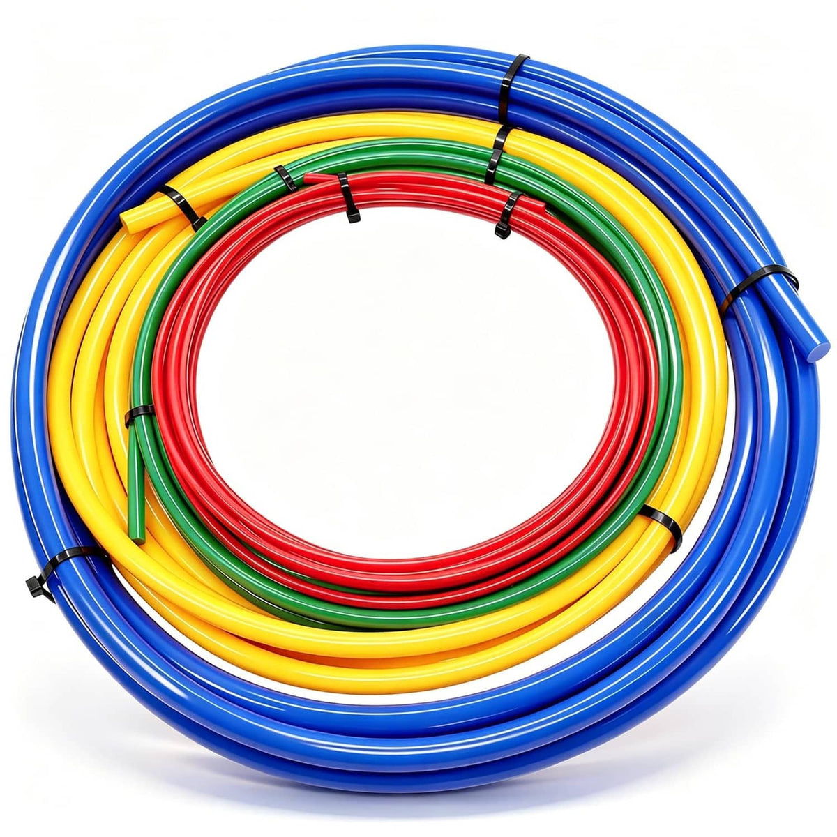 Coiled multicolor PE pipe extension tubes: red/green/yellow inside blue outer hose