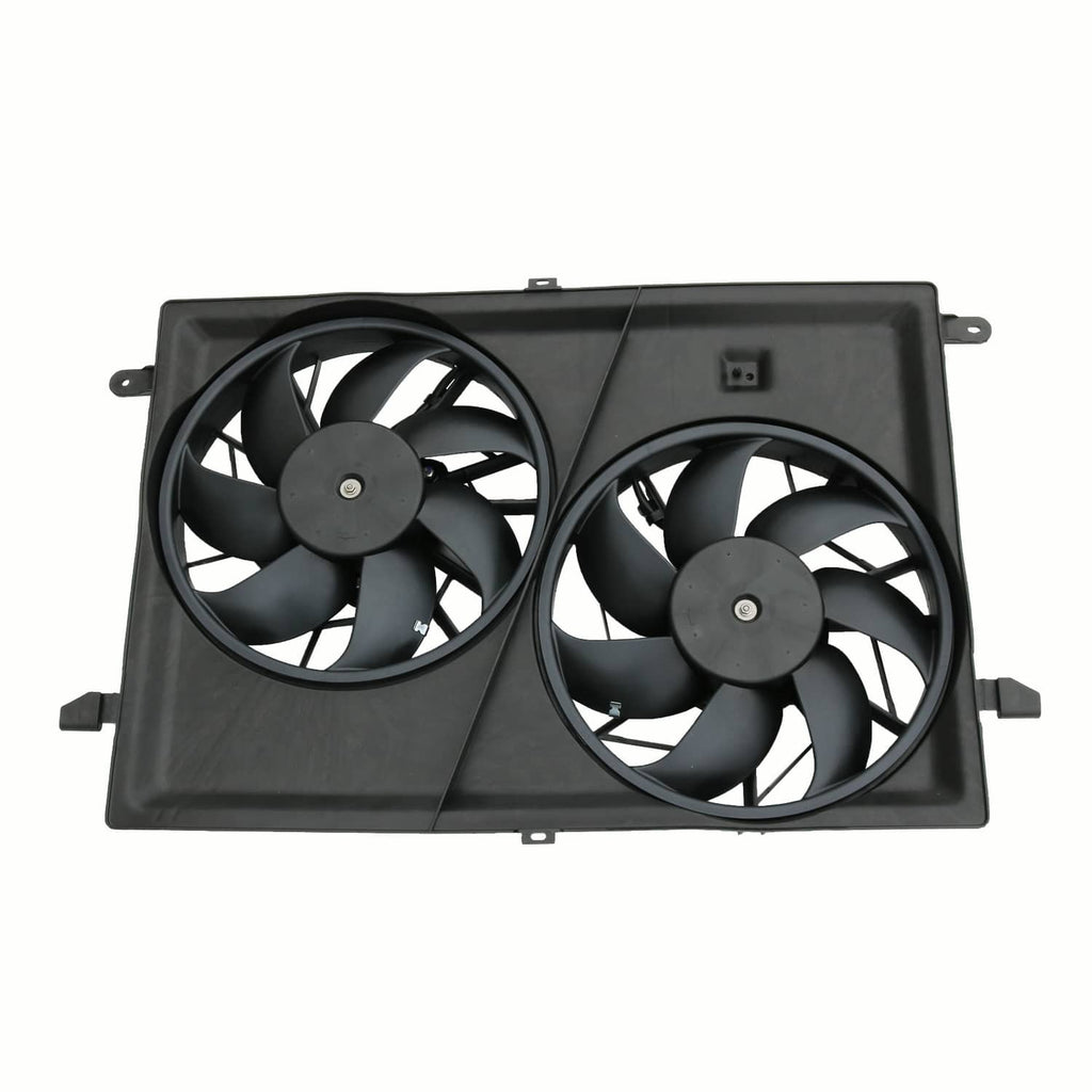 Dual radiator cooling fan assembly with two black fans and mounting frame